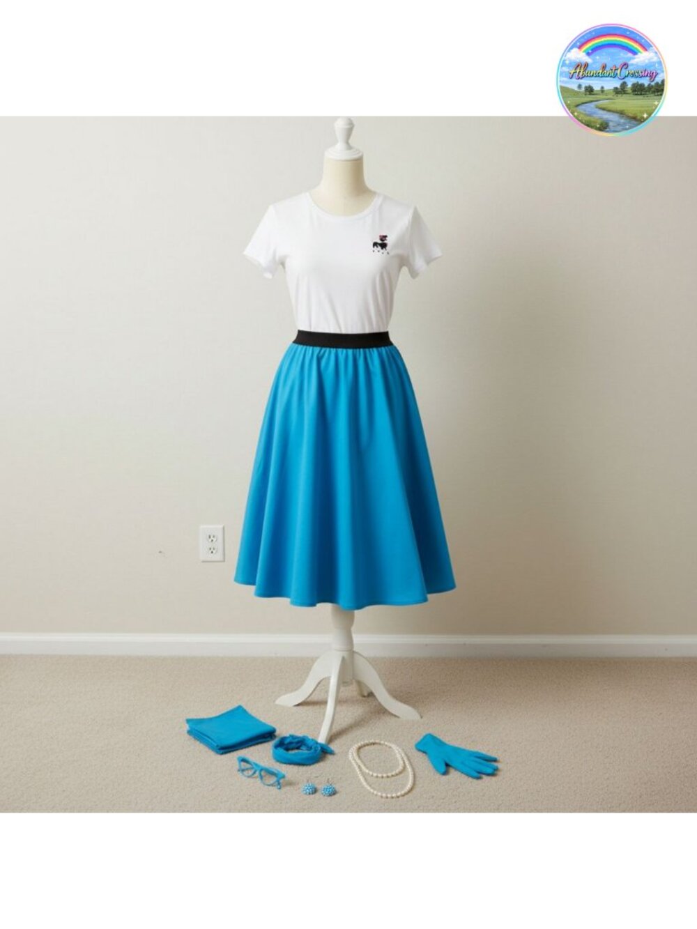 Vintage 1950s Poodle Skirt Costume 8Pcs Sock Hop Outfit with T-Shirt Scarf